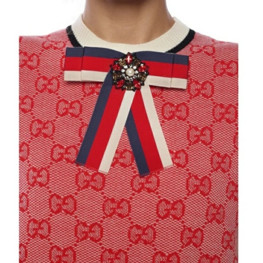 AUTH GUCCI Sylvie Web Bow Brooch Blue Silk Crystal Button